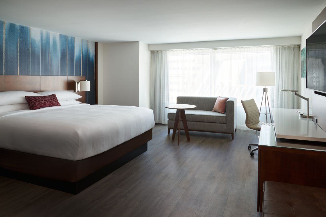 King size hotel room at the Marriott City Center in Toronto, Ontario