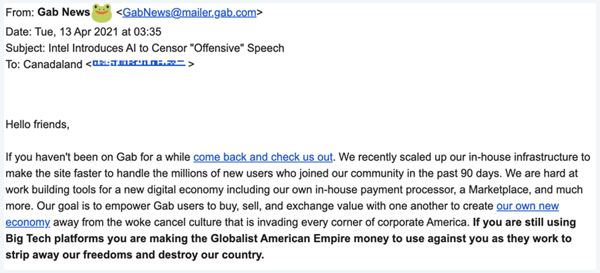 A screenshot of an email sent to Gab users.