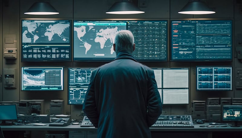 A security officer monitoring the central control panel