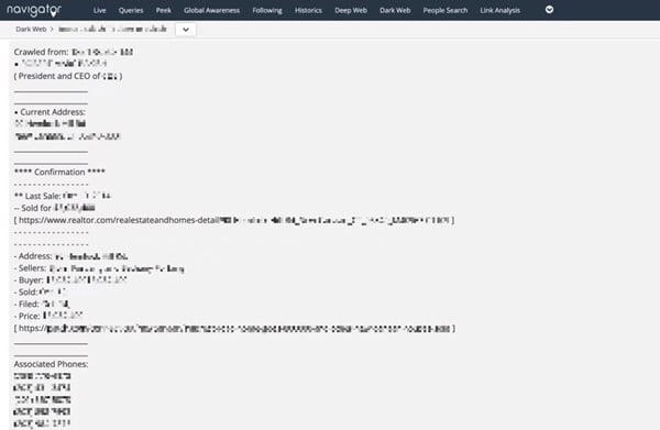 Leaked personal information of a senior executive on the darkweb, including wi-fi passwords, home address, and family member details, discovered by Navigator.