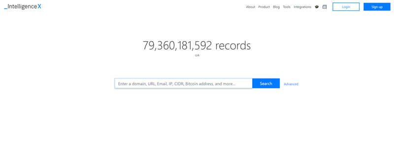 A screenshot of the Intelligence X search engine.