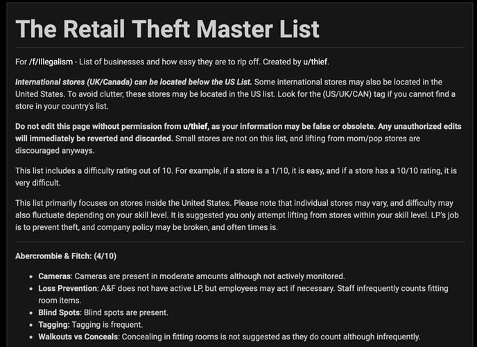 Screenshot of the retail theft master list discovered by Liferaft