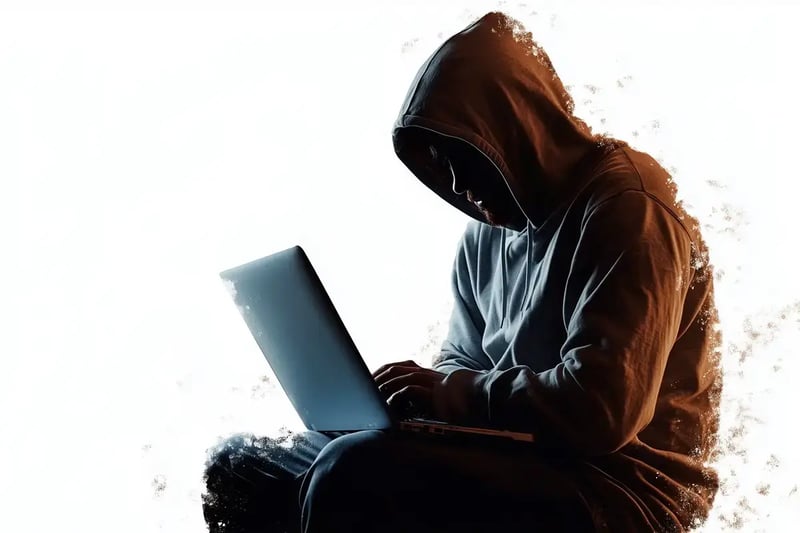 Hooded person using laptop