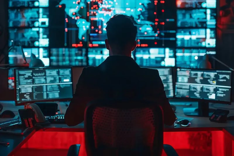 Silhouette of man sitting at desk in GSOC control room