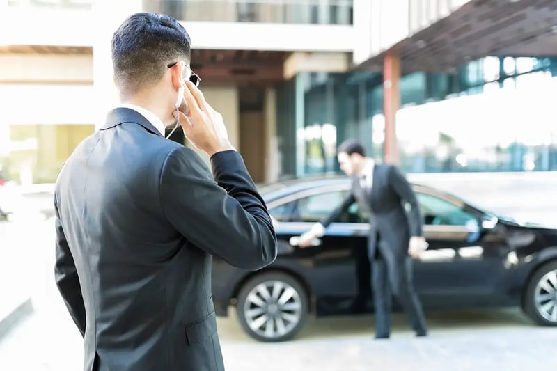 Two bodyguards securing an executive's car