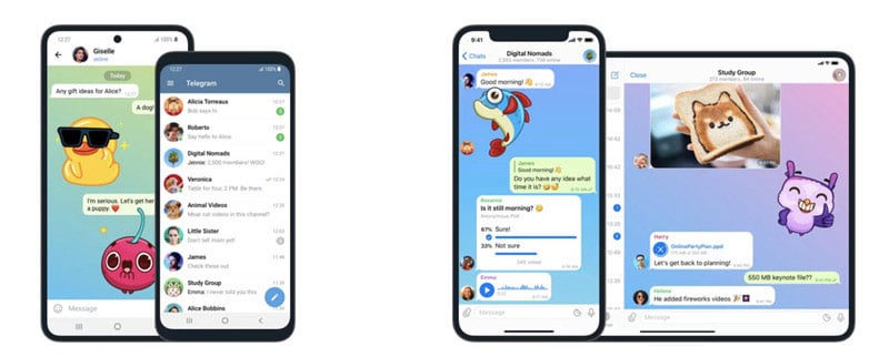 Mobile devices with the Telegram app open on the screen