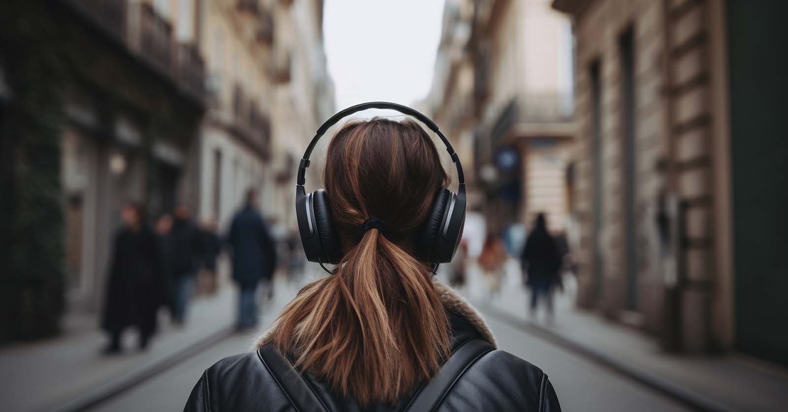 person listening to a podcast on a city street, ai generated