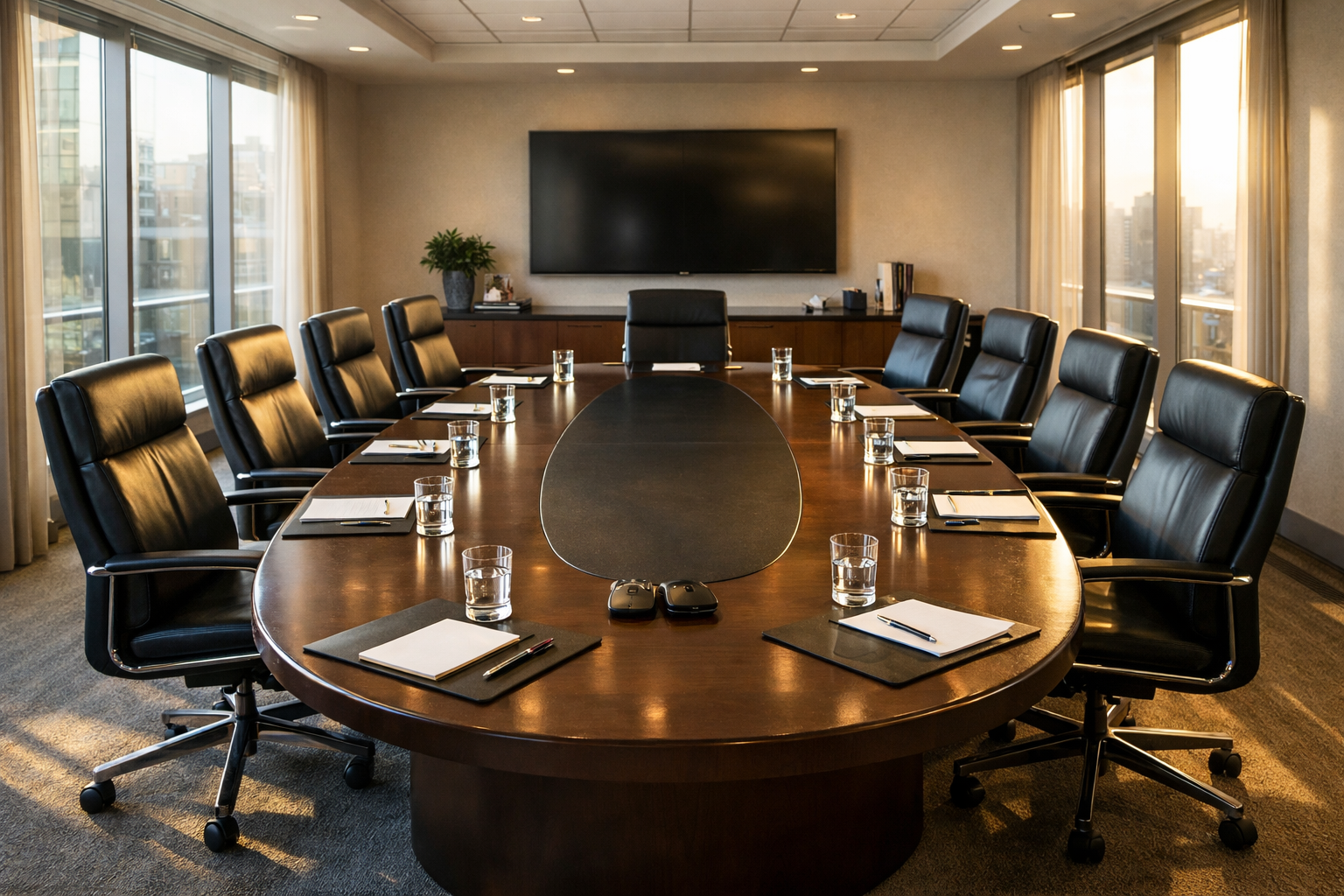 a large oval boardroom table with chairs