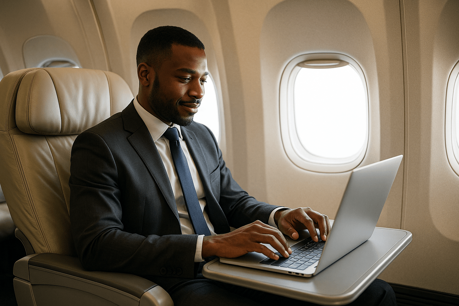 An employee sitting on a plane with a laptop