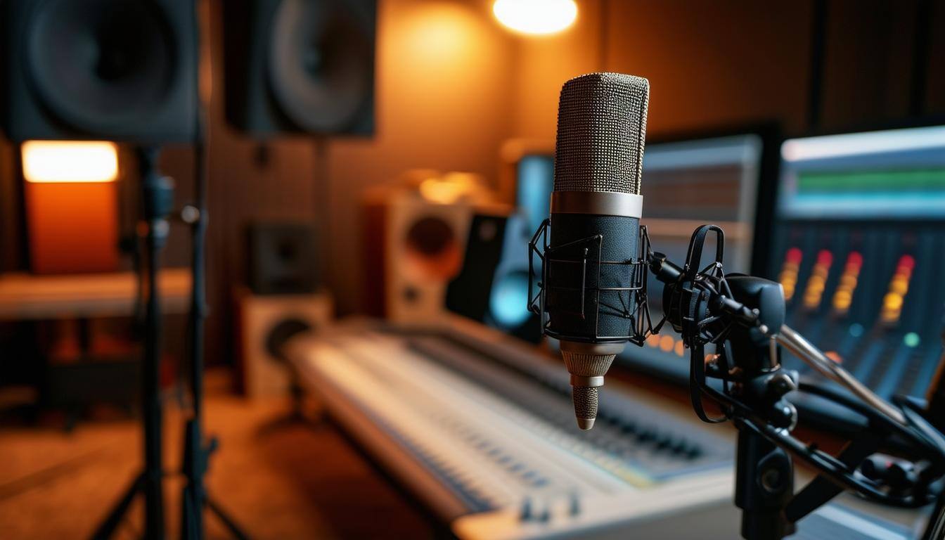 a microphone in a recording studio