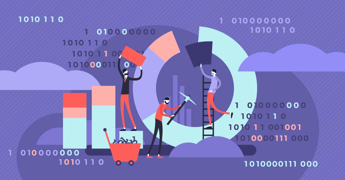 Illustration of people working together to assemble digital graphs