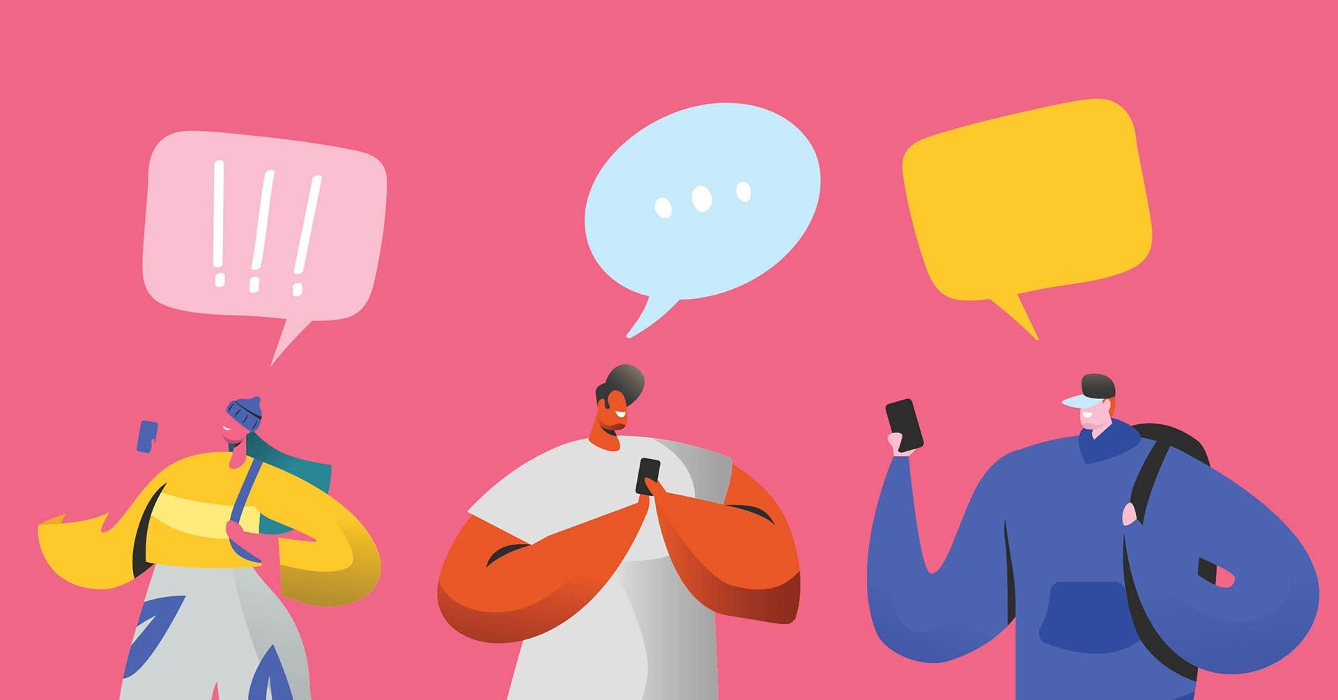 An illustration of people using mobile phones with speech balloons above their heads.