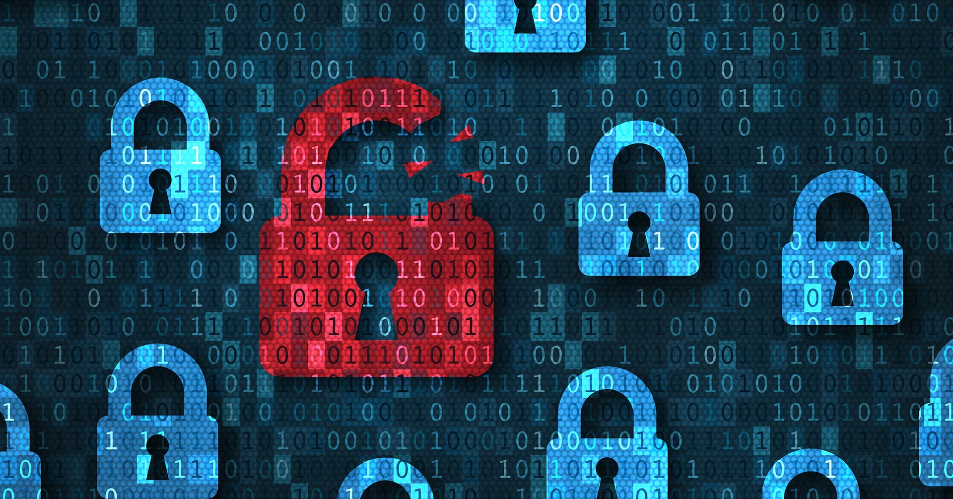 A digital illustration of a red broken lock surrounded by secure blue locks