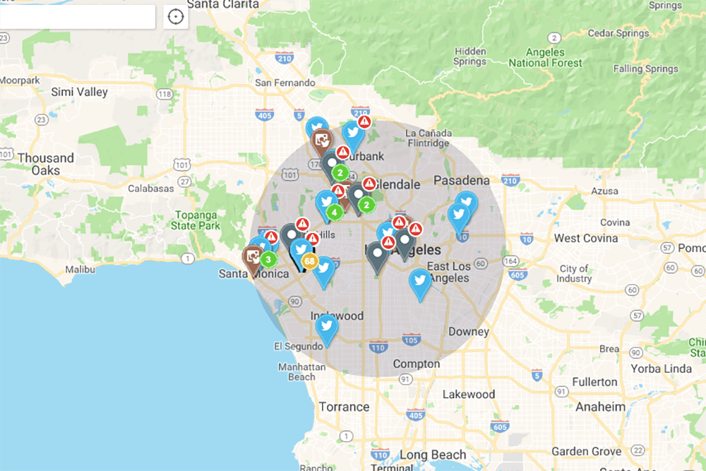 A map showing locations of social media posts around the Netflix offices