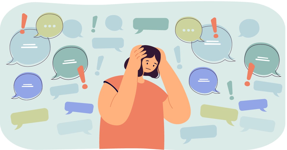 An illustration of a distressed woman being surrounded by speech bubbles