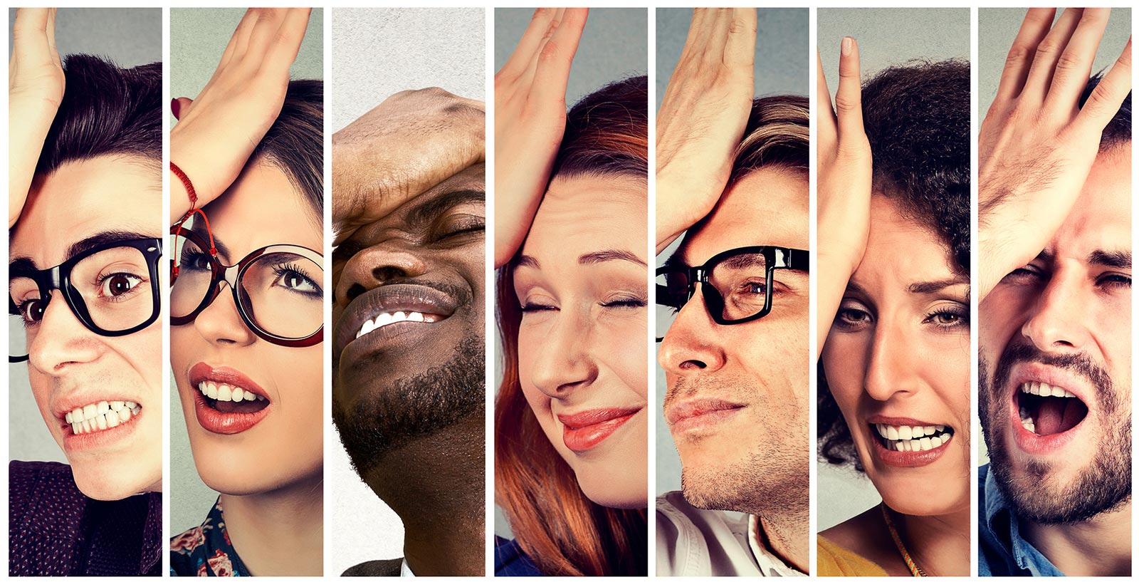 A collage of seven people holding their heads in frustration after making a mistake