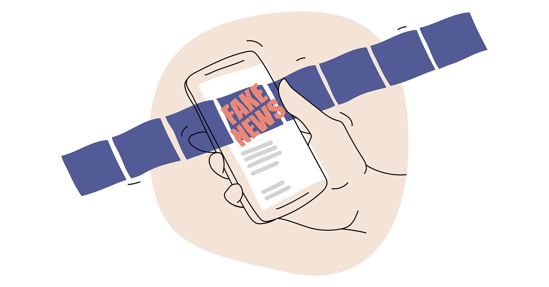 Illustration of a hand holding a mobile device displaying fake news