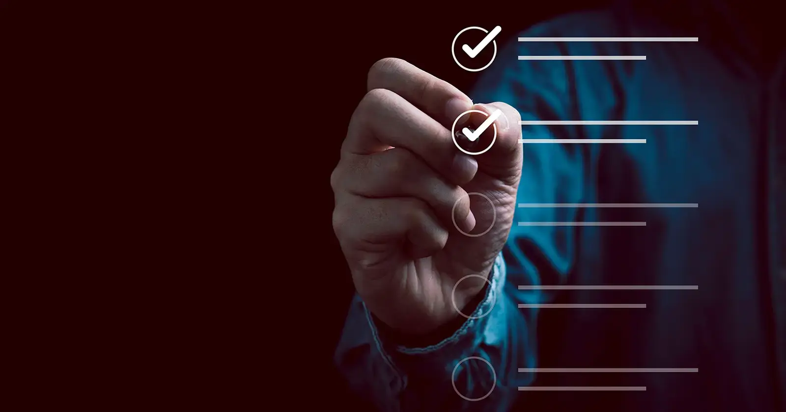 Hand checking items on a digital checklist, representing practical management for organizations