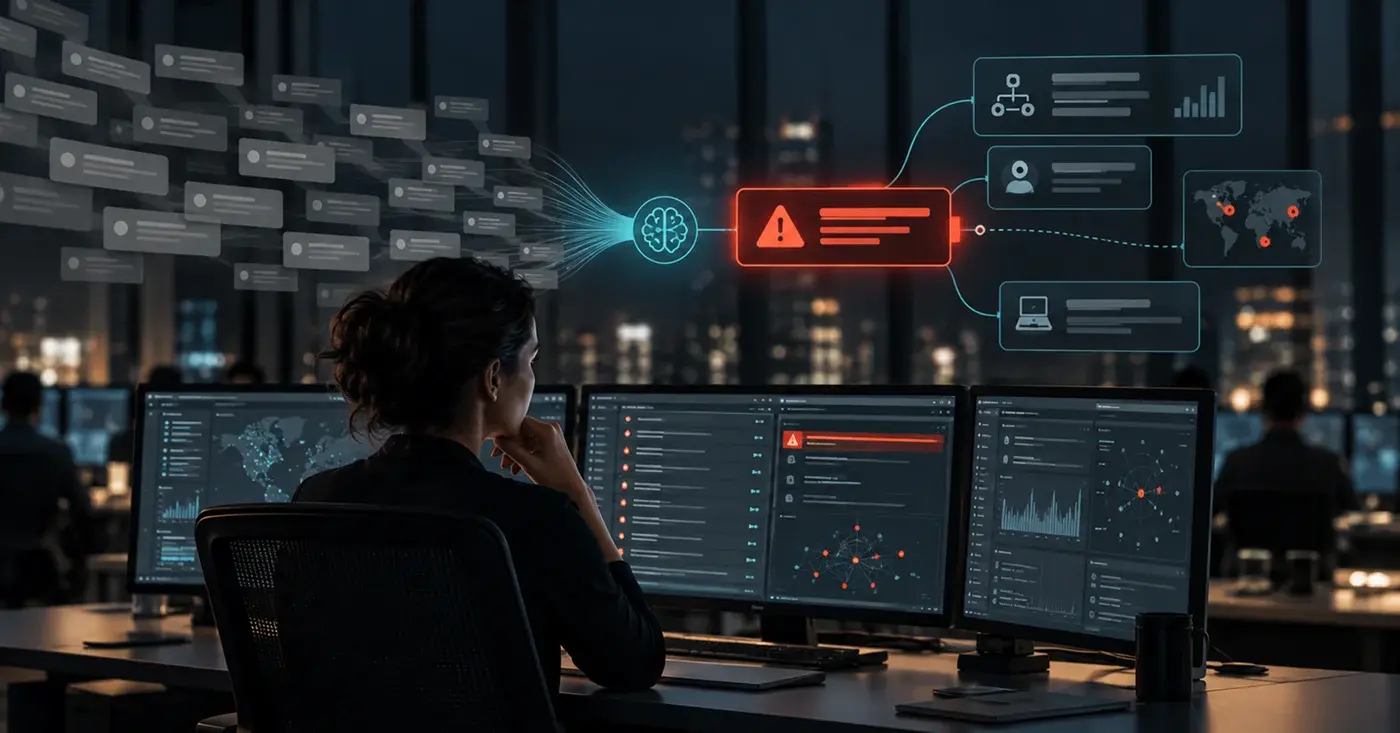 AI-assisted security operations center filtering a high volume of alerts to surface a priority threat for analyst review.