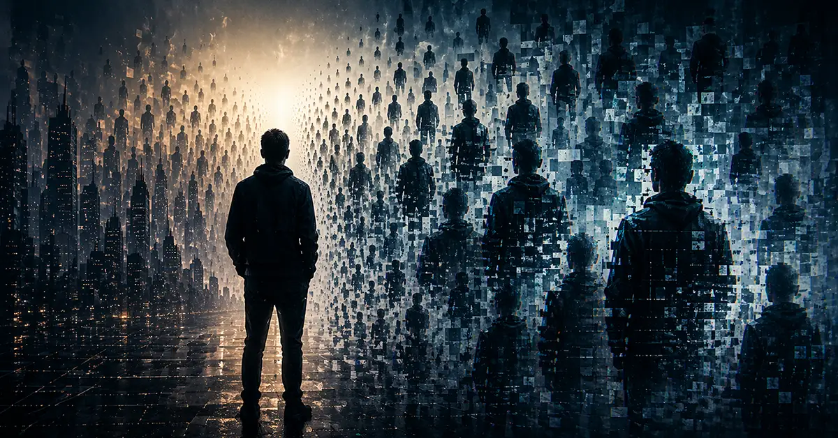Silhouette of a person fracturing into hundreds of digital duplicates, symbolizing how AI enables individuals to scale cyber, physical, and impersonation threats