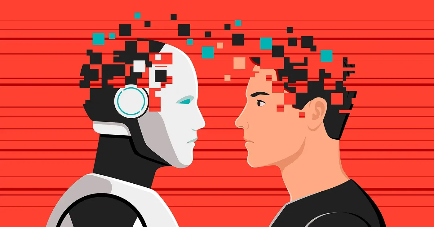 Illustration of a human and AI facing each other with fragmented, glitching pixels between them, representing how online AI debates can escalate into conflict and real-world tension.