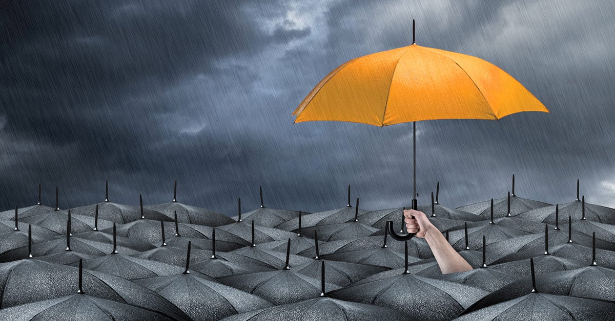 Yellow umbrella above a sea of black umbrellas