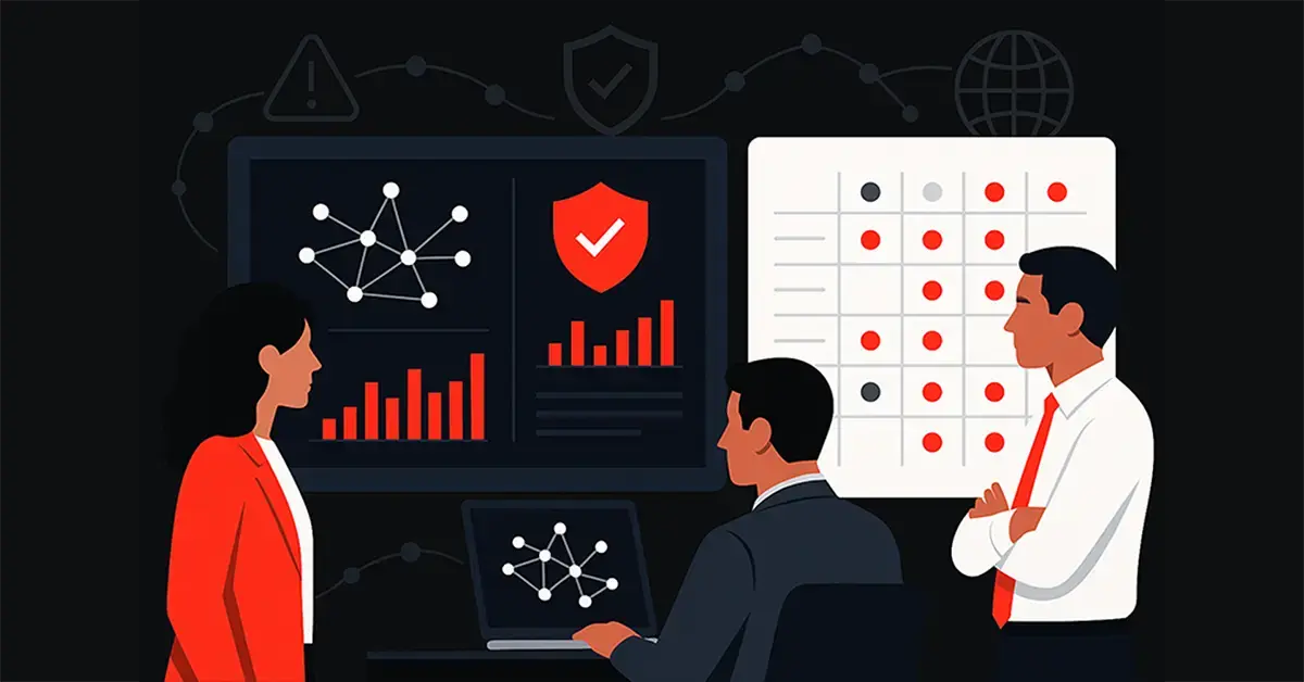 Illustration of a group of three professionals analyzes cybersecurity data on large digital dashboards. Charts, network graphs, and a risk matrix are displayed in black, red, and grey tones, conveying threat intelligence and executive decision-making.
