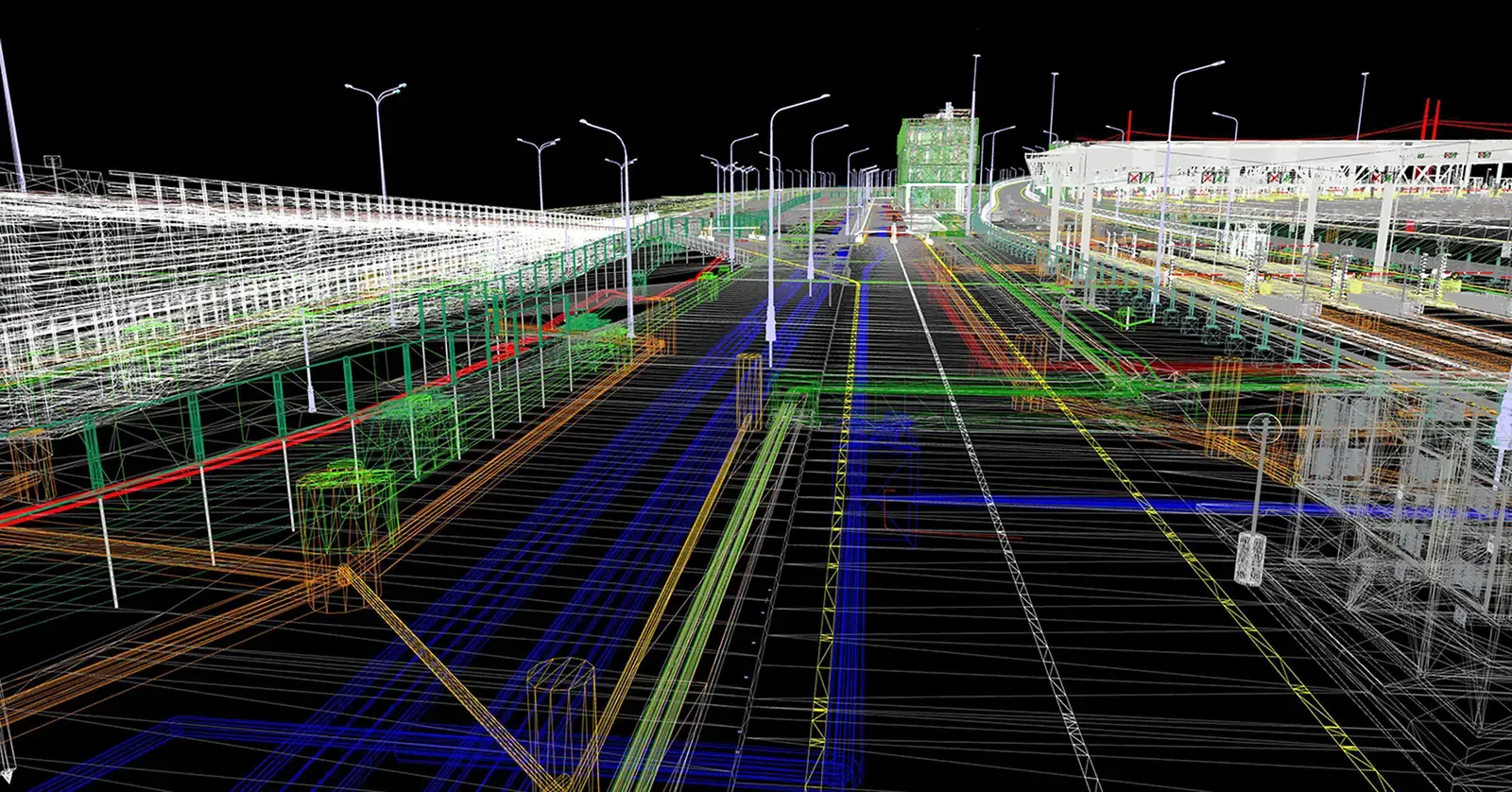 Wireframe view of a BIM model of civil infrastructure 