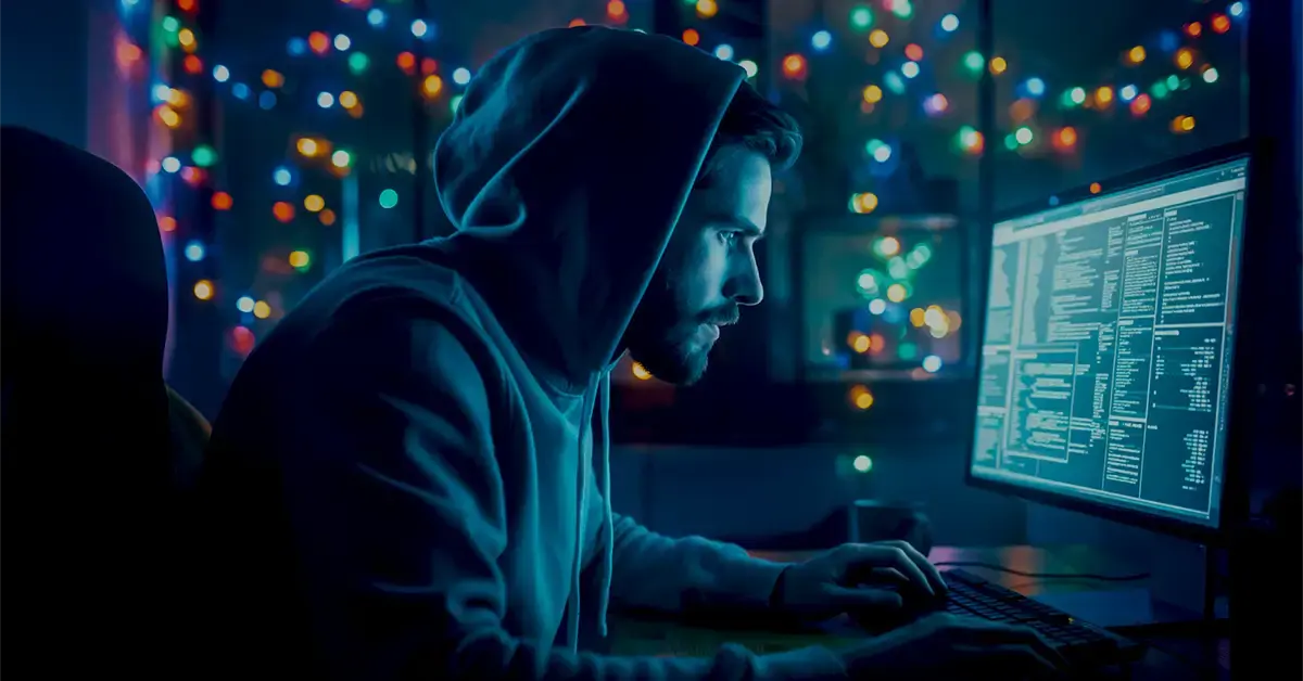 A hooded hacker sits in a dark room lit by colorful holiday lights, typing on a computer displaying code, symbolizing holiday fraud risks and the importance of dark web monitoring.