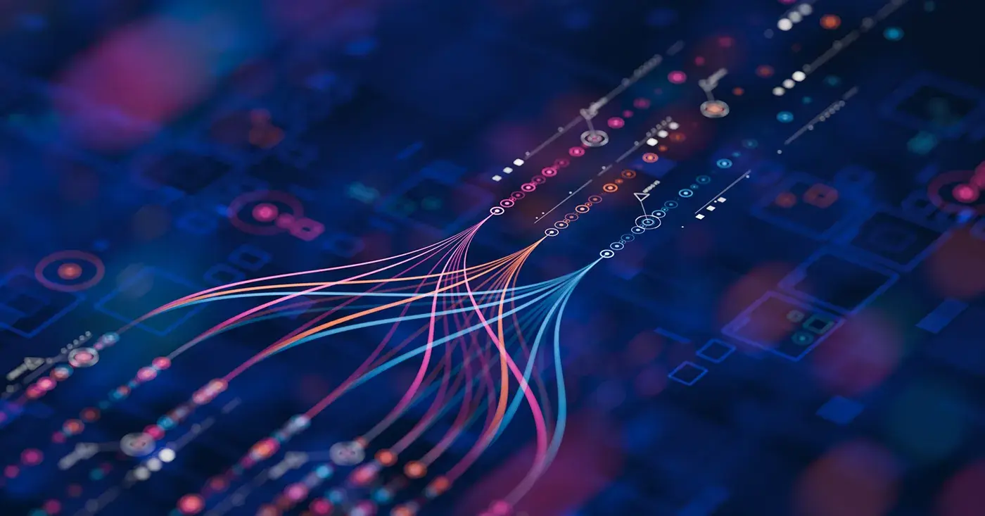 Abstract digital data visualization with colorful lines and nodes converging across a dark blue interface, representing data collection and analysis.