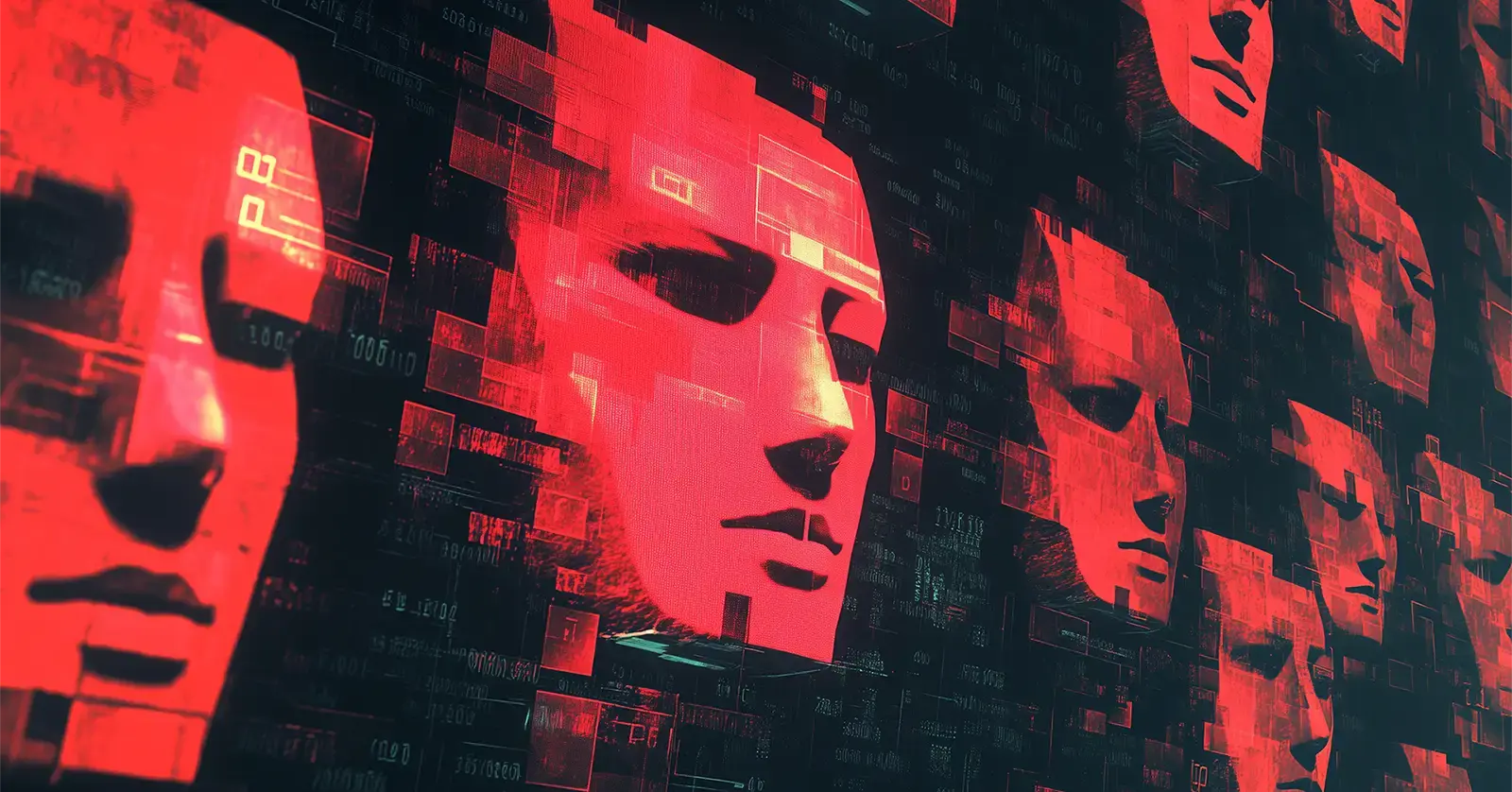 bstract illustration showing multiple digital faces in red hues, symbolizing AI-generated deepfakes and cyber threats against corporate security.