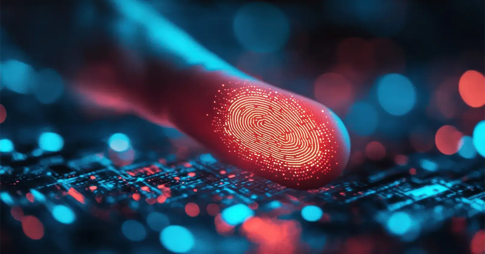 Close up of abstract glowing id fingerprint web protection and security interface on blurry blue bokeh background. Identification, cybersecurity and privacy concept