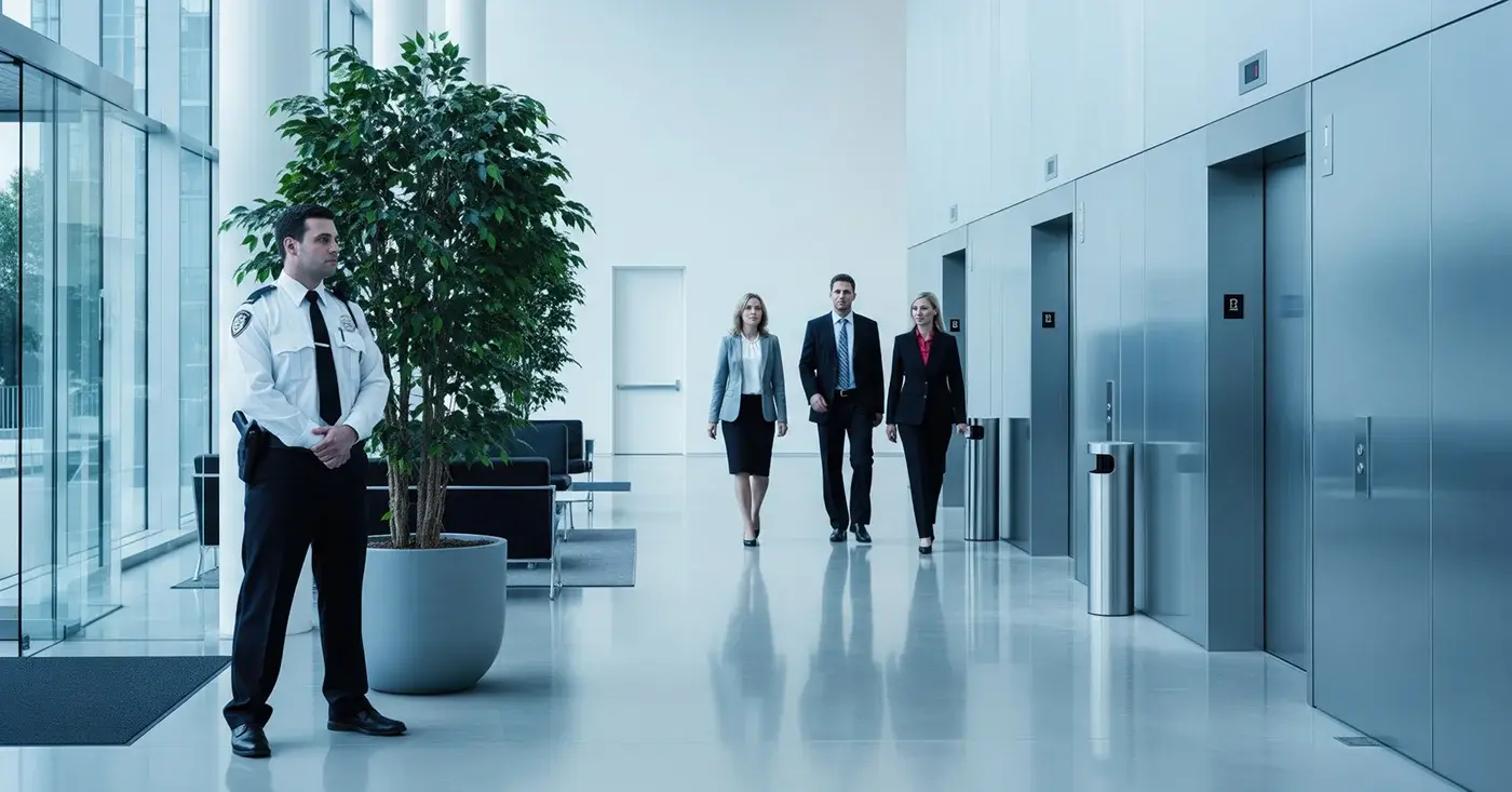 Security officer monitoring a corporate office lobby as employees walk through the building, representing workplace security planning for domestic violence threats.
