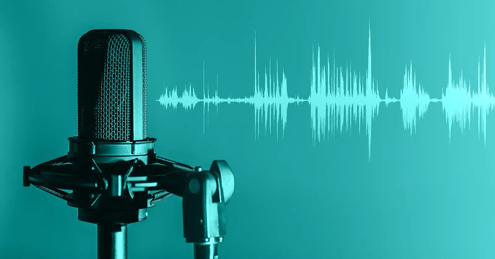 A microphone and sound waves representing a podcast