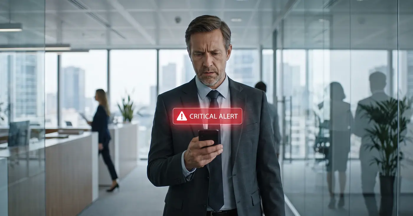 Concerned executive looking at his phone as a security risk alert notification appears on screen in a modern office.