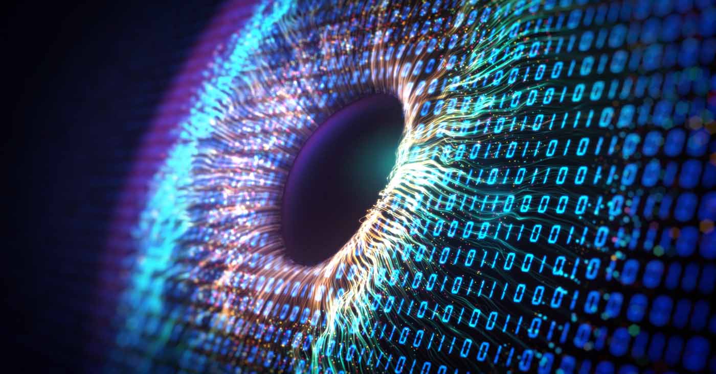 close up image of an eye with a digital binary pattern