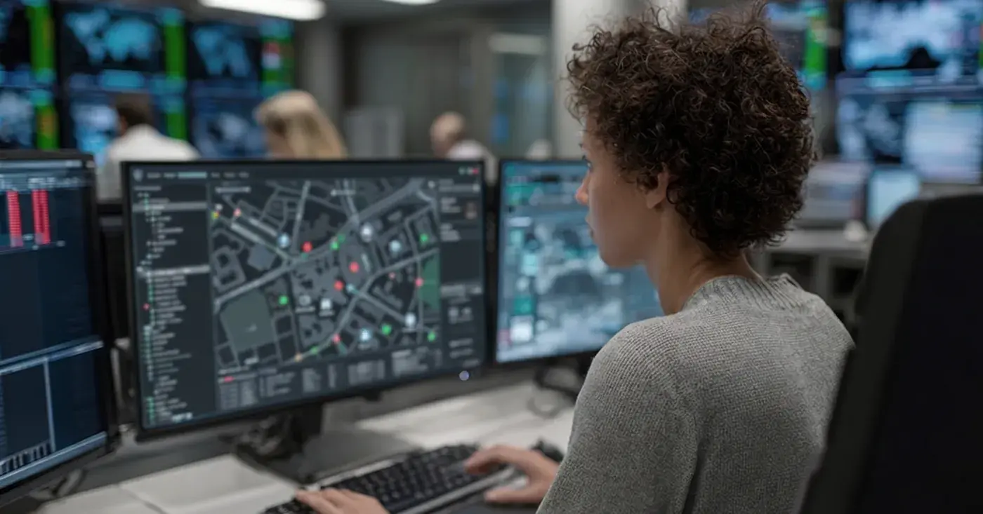 GSOC analyst monitoring security threats and location-based intelligence on multiple screens in a security operations center