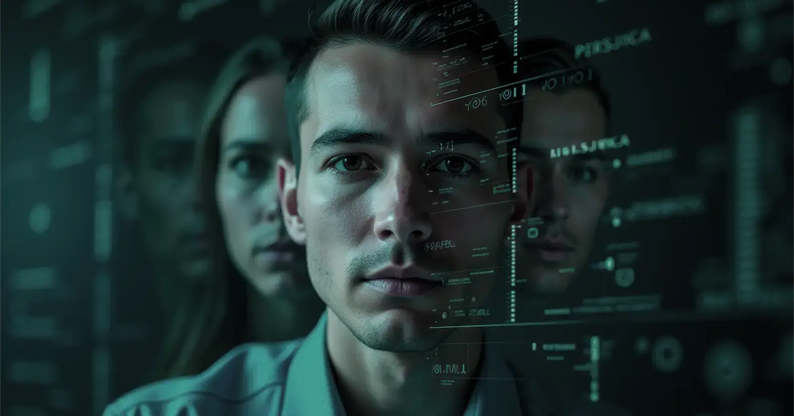 Digital identity resolution concept showing faces overlaid with data, symbolizing the process of linking online personas to real-world threats.