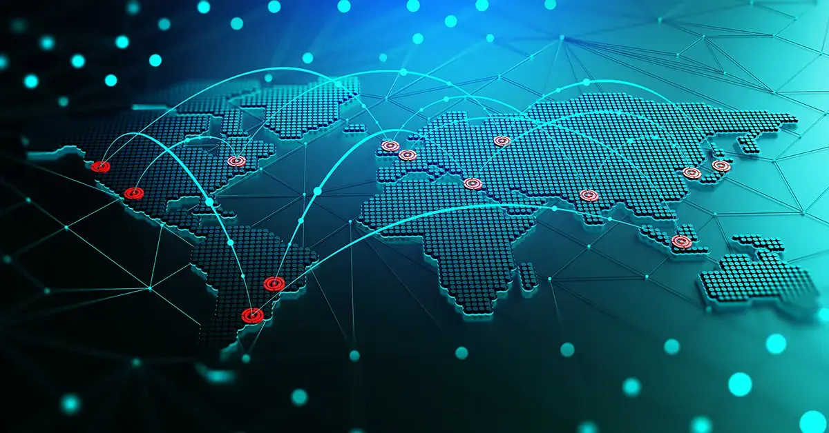 Global map highlighting geopolitical risk hotspots and connected threat activity across regions