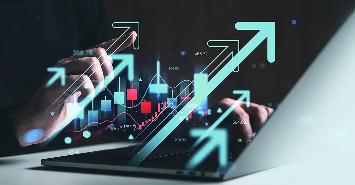 Abstract visualization of data analysis and rising trend lines, representing forward-looking security predictions and proactive risk planning.
