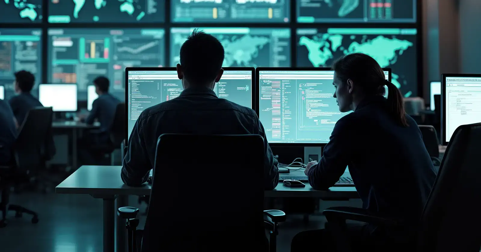security analysts at a computer workstation in a security operations center