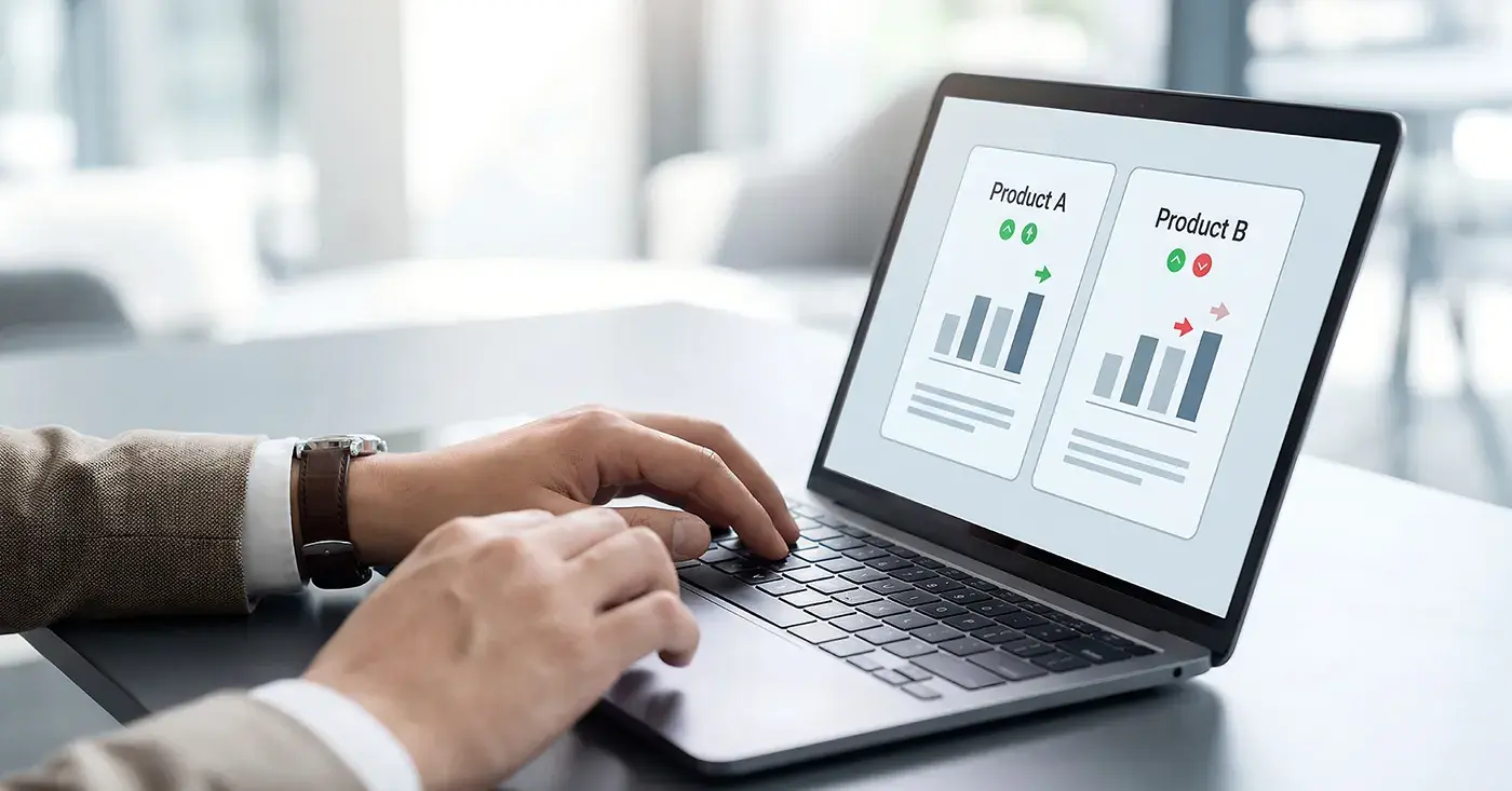 Person comparing two product options on a laptop screen, representing the evaluation process security leaders use when choosing an OSINT platform.
