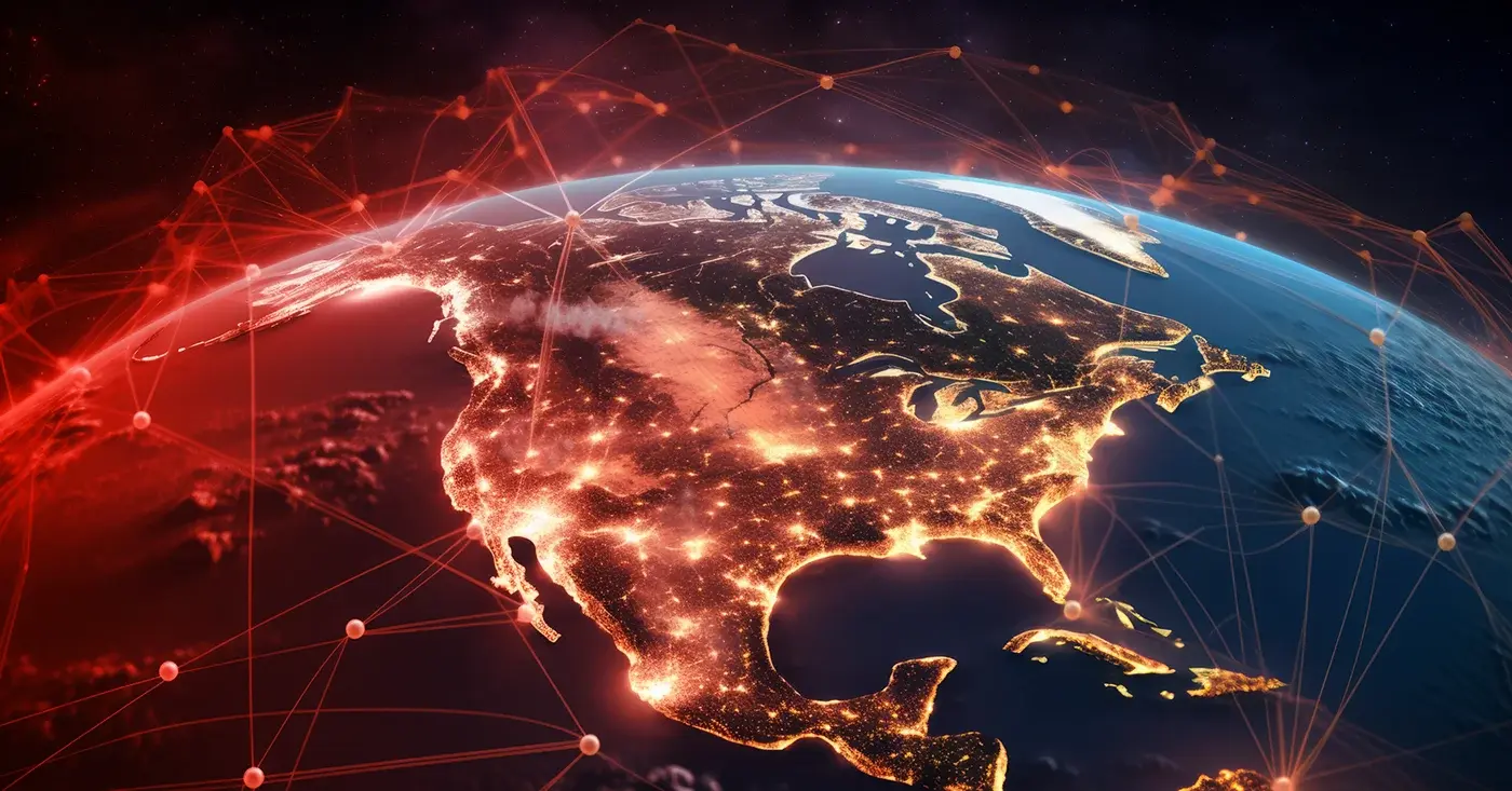 Illustration of North America illuminated by interconnected networks, representing the spread and interconnected nature of political violence and instability.