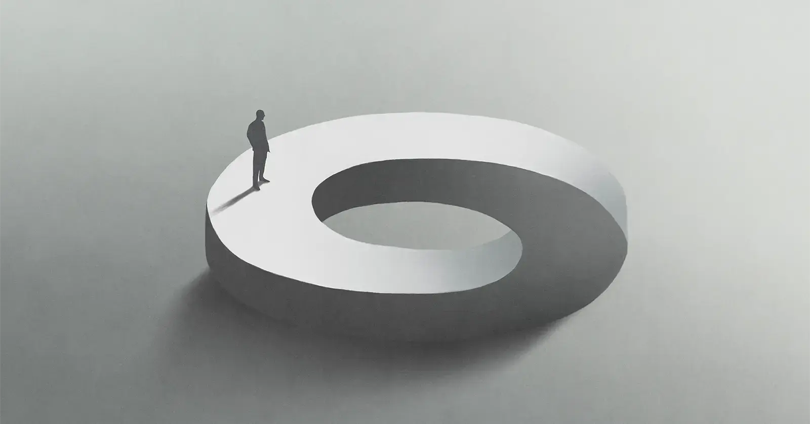 A solitary figure stands atop a large, abstract loop, symbolizing the endless tension between surveillance and privacy in the age of AI-powered OSINT.