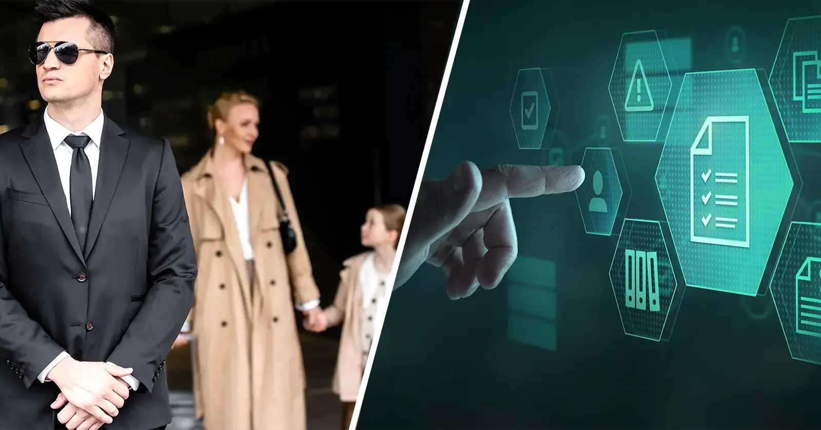 A split image depicting private security vs corporate security. On the left is a private security guard escorting a mother and daughter, on the right is a digital image depicting corporate compliance security icons