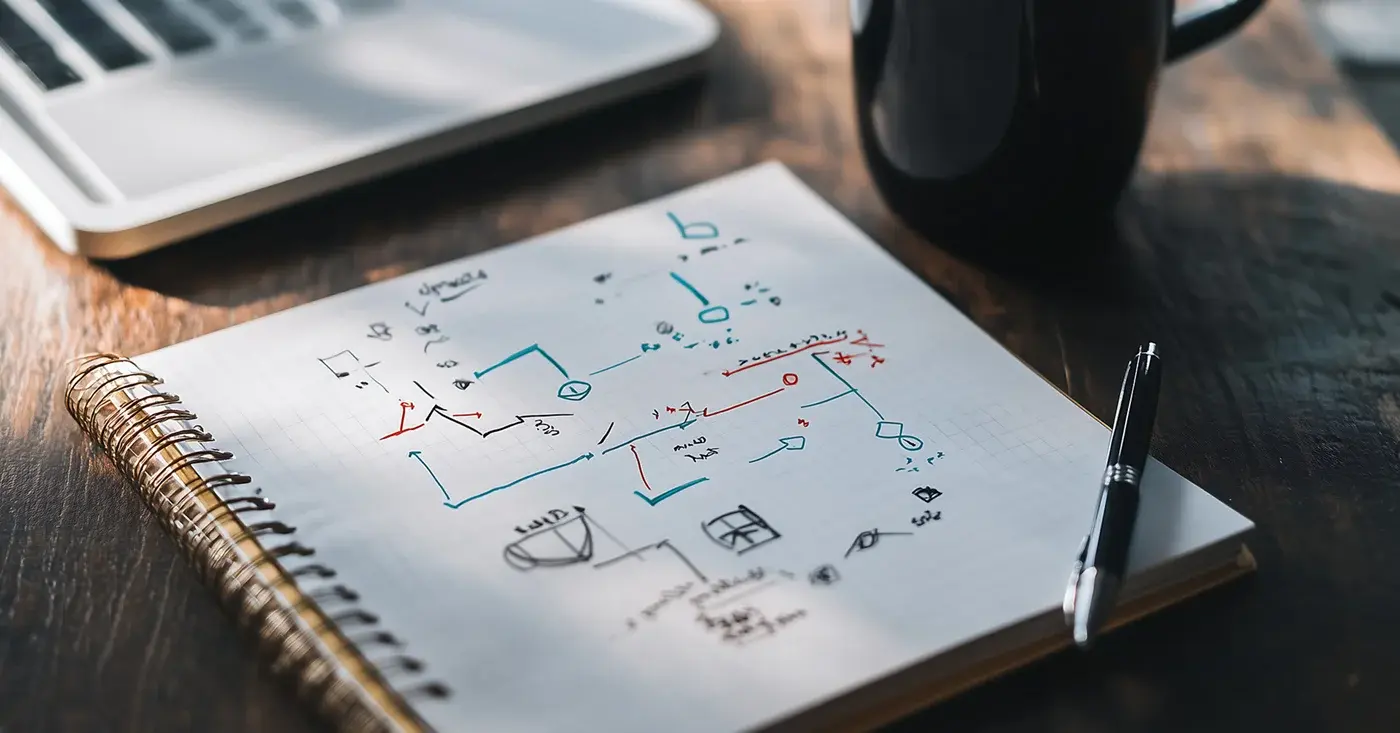 Notebook with hand-drawn security planning diagrams beside a laptop and coffee, representing preparation for major events throughout the year.