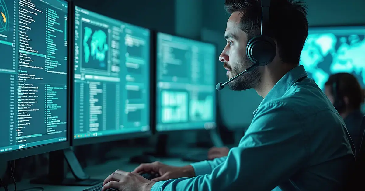 Security analyst monitoring multiple data dashboards on large screens in a dark operations room, representing the integration of OSINT and SIEM for real-time threat detection and response.