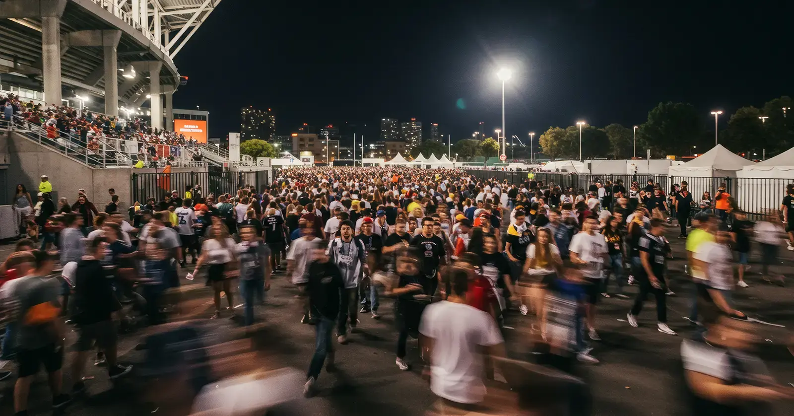 Large crowd exiting a major nighttime event, illustrating the scale and security risks associated with mass gatherings.