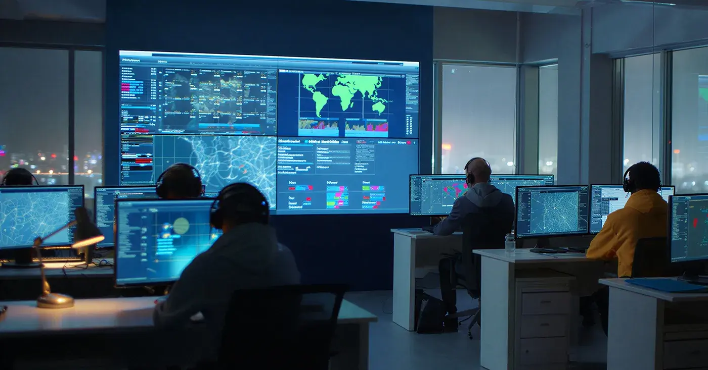Security operations center monitoring global threat intelligence and emerging corporate security risks.