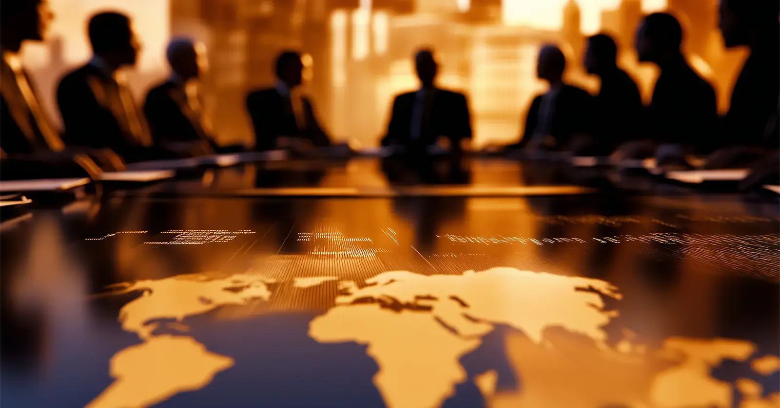 Meeting of influential leaders discussing their agendas in a modern office with the world map.